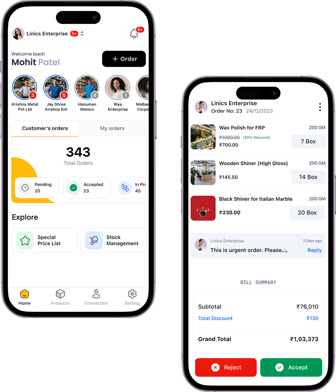 Order management app dashboard showing business features